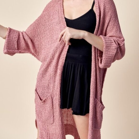 LONG SLEEVE SIDE SLITS POCKETS CARDIGAN Pink - Picture 2 of 8